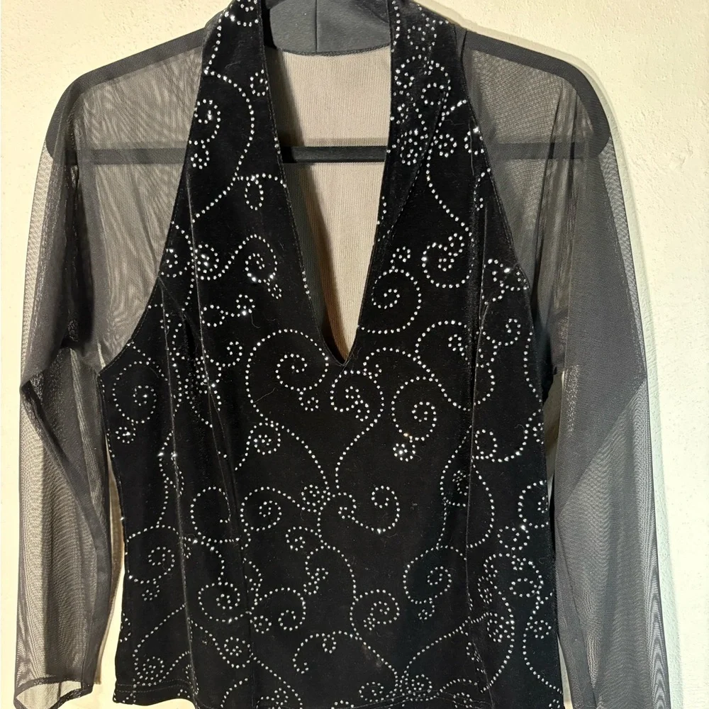 J.R. Nites by Caliendo Velvet Rhinestone Sheer Top Size 14 - Picture 2 of 6